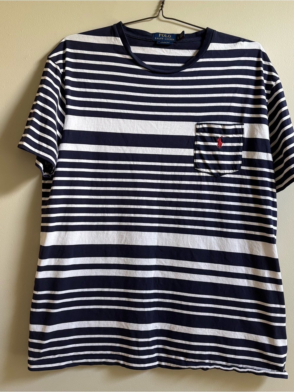 Ralph Lauren Navy and White Striped Short-Sleeve Pocket Tee